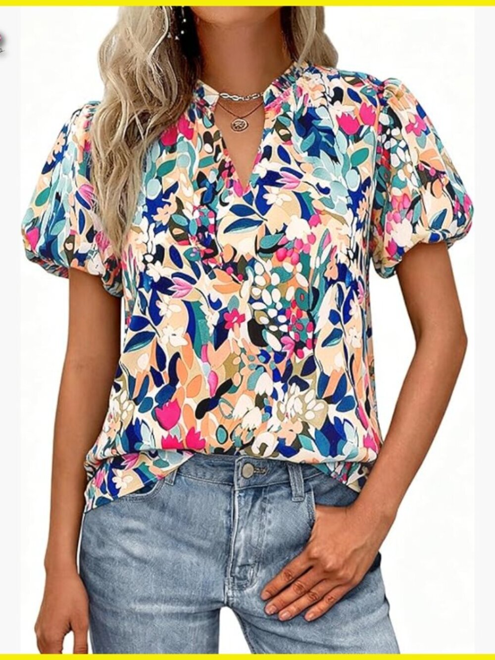 Boho Floral Chiffon Blouse V-Neck Puff Sleeve Loose Fit Work Casual Top